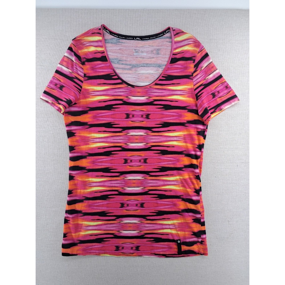 LRL Ralph Lauren Active T Shirt Women Medium Pink Abstract Tie Dye Wavy